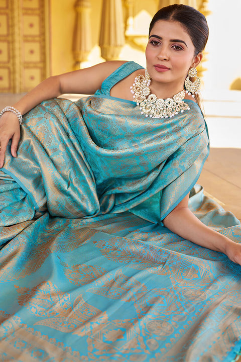 VastraLakshmi Comely Firozi Kanjivaram Silk Saree With Epiphany Blouse Piece