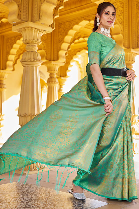 VastraLakshmi Petrichor Green Kanjivaram Silk Saree With Splendiferous Blouse Piece