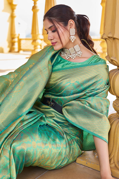 VastraLakshmi Petrichor Green Kanjivaram Silk Saree With Splendiferous Blouse Piece