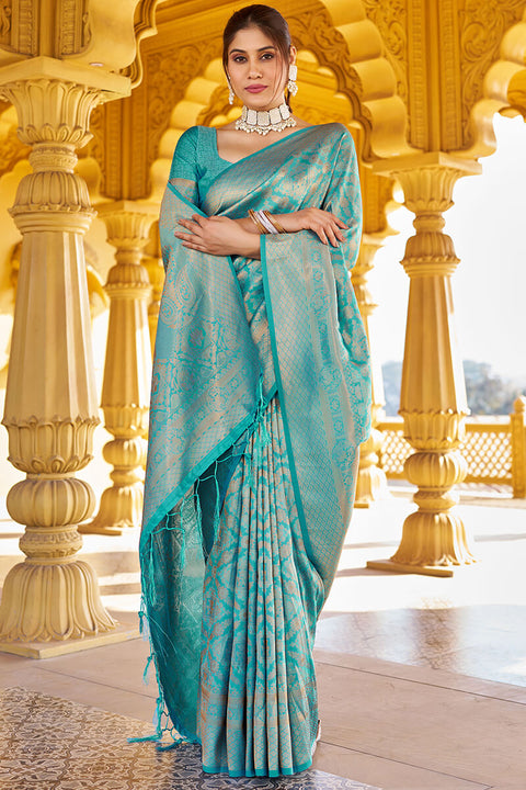 VastraLakshmi Pulsating Sea Green Kanjivaram Silk Saree With Resplendent Blouse Piece