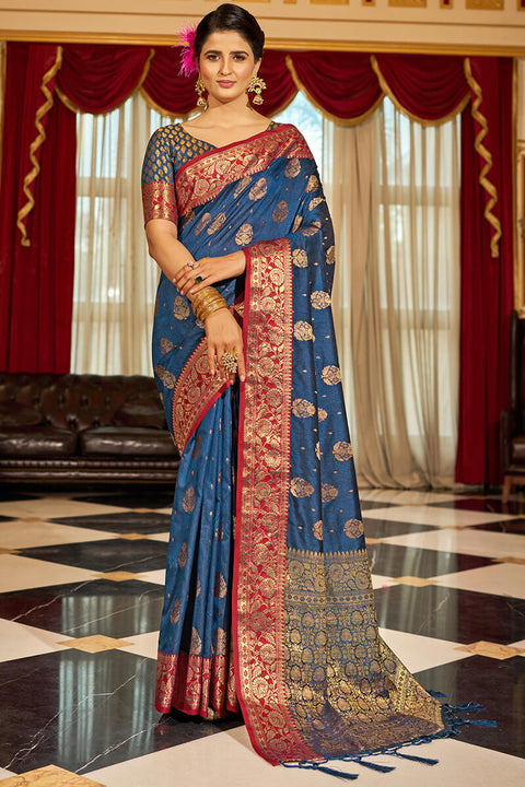 VastraLakshmi Bucolic Navy Blue Soft Banarasi Silk Saree With Twirling Blouse Piece