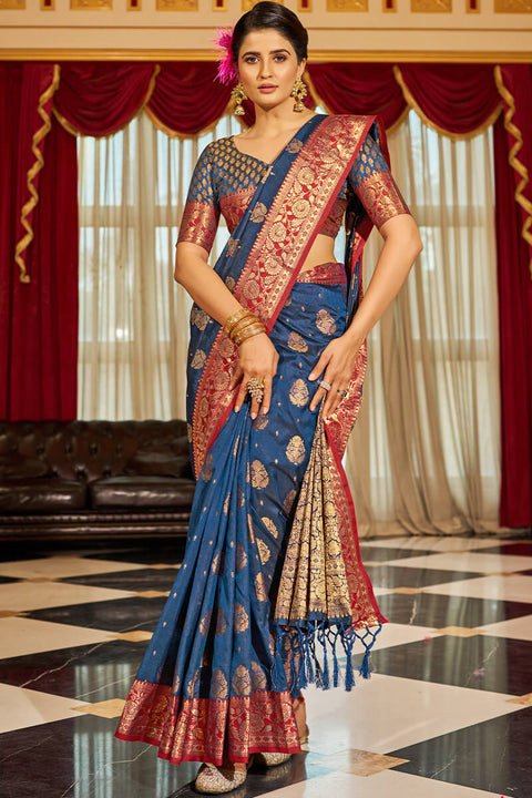 VastraLakshmi Bucolic Navy Blue Soft Banarasi Silk Saree With Twirling Blouse Piece