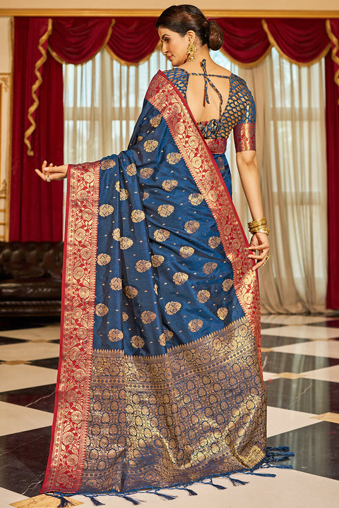 VastraLakshmi Bucolic Navy Blue Soft Banarasi Silk Saree With Twirling Blouse Piece