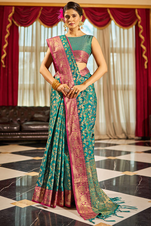 VastraLakshmi Radiant Rama Soft Banarasi Silk Saree With Beautiful Blouse Piece