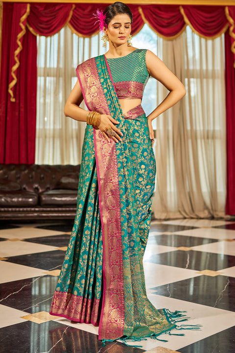 VastraLakshmi Radiant Rama Soft Banarasi Silk Saree With Beautiful Blouse Piece