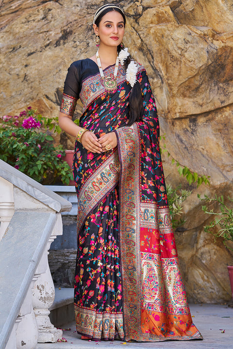 VastraLakshmi Groovy Black Pashmina saree With Scrumptious Blouse Piece