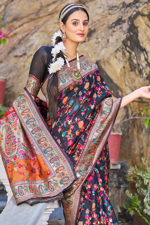 VastraLakshmi Groovy Black Pashmina saree With Scrumptious Blouse Piece