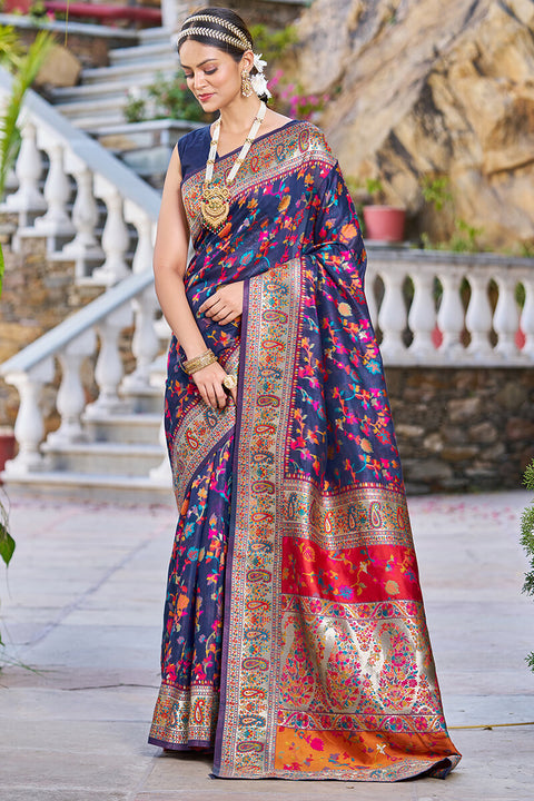 VastraLakshmi Confounding Navy Blue Pashmina saree With Snazzy Blouse Piece