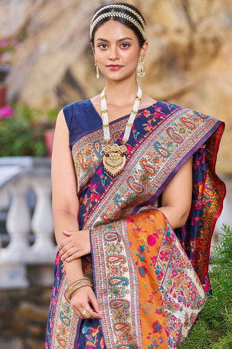 VastraLakshmi Confounding Navy Blue Pashmina saree With Snazzy Blouse Piece