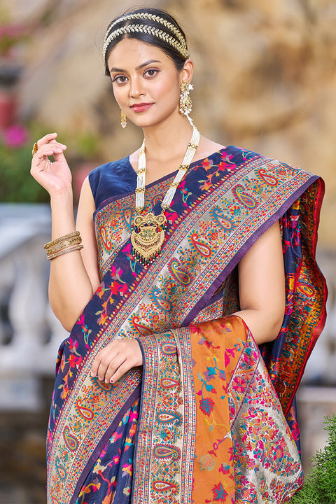 VastraLakshmi Confounding Navy Blue Pashmina saree With Snazzy Blouse Piece