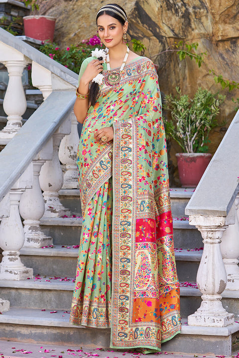 VastraLakshmi Fugacious Pista Pashmina saree With Efflorescence Blouse Piece