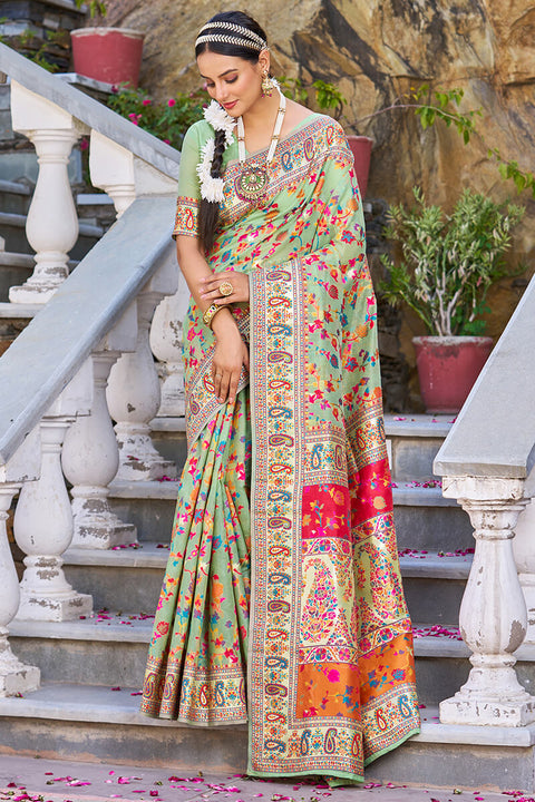 VastraLakshmi Fugacious Pista Pashmina saree With Efflorescence Blouse Piece