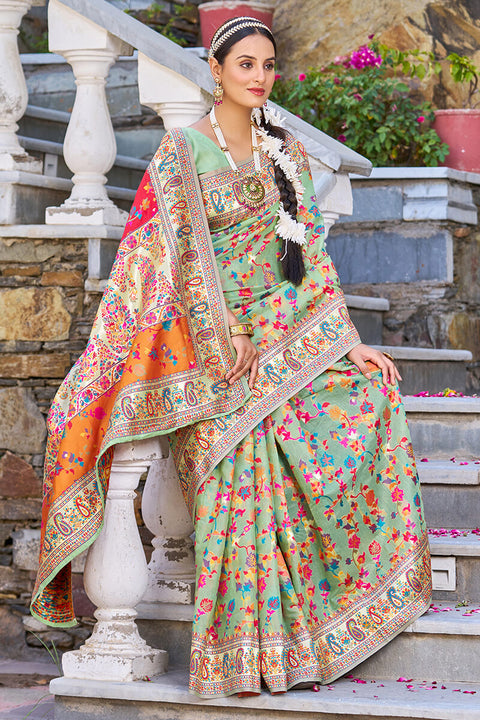 VastraLakshmi Fugacious Pista Pashmina saree With Efflorescence Blouse Piece