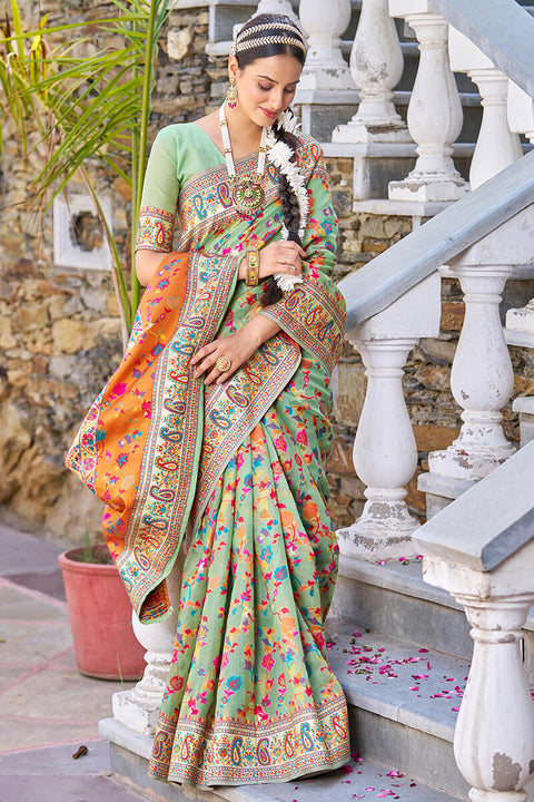 VastraLakshmi Fugacious Pista Pashmina saree With Efflorescence Blouse Piece