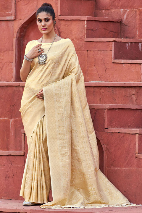 VastraLakshmi Pretty Beige Kanjivaram Silk Saree With Sizzling Blouse Piece