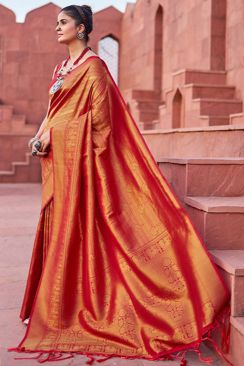 VastraLakshmi Assemblage Red Kanjivaram Silk Saree With Diaphanous Blouse Piece