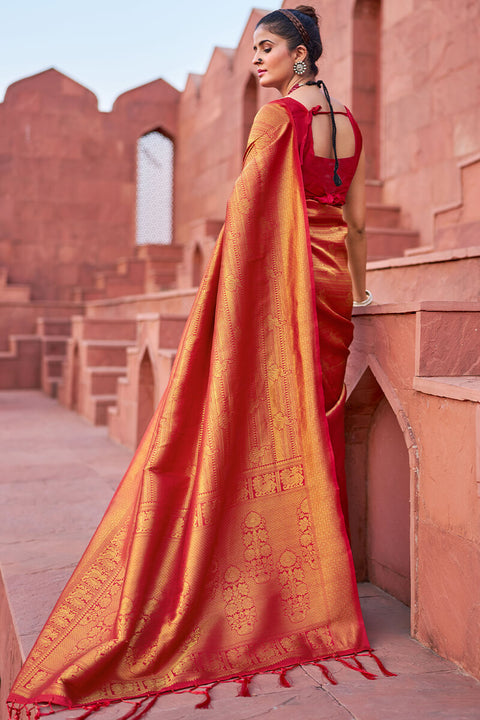 VastraLakshmi Assemblage Red Kanjivaram Silk Saree With Diaphanous Blouse Piece