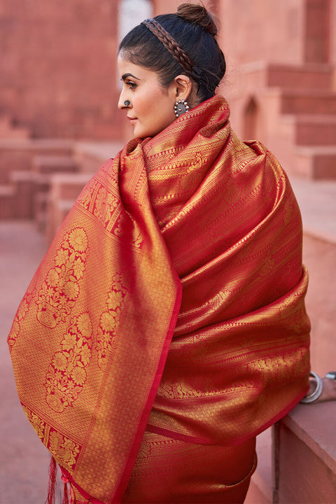 VastraLakshmi Assemblage Red Kanjivaram Silk Saree With Diaphanous Blouse Piece