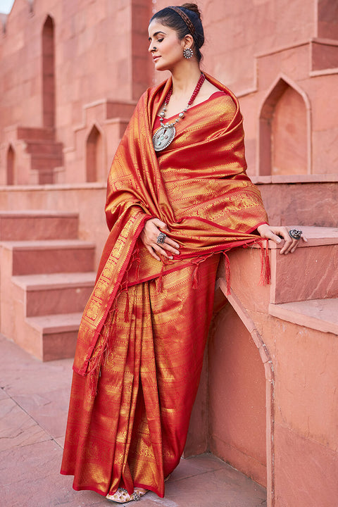 VastraLakshmi Assemblage Red Kanjivaram Silk Saree With Diaphanous Blouse Piece