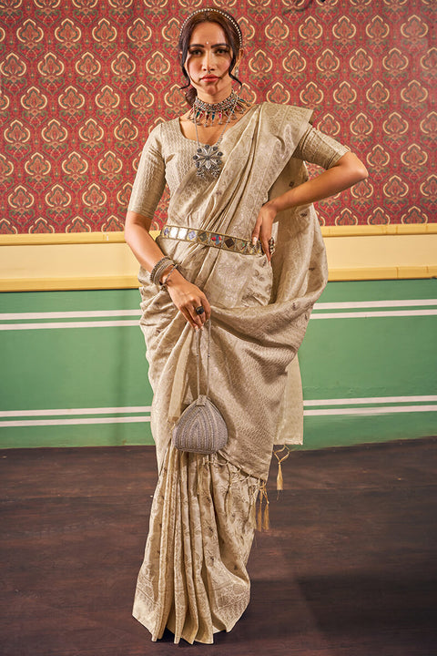 VastraLakshmi Transcendent Beige Soft Banarasi Silk Saree With Whimsical Blouse Piece