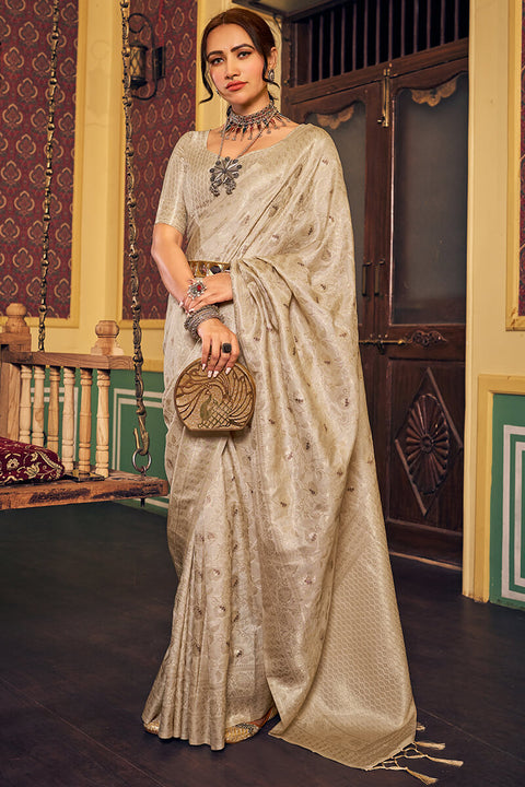 VastraLakshmi Transcendent Beige Soft Banarasi Silk Saree With Whimsical Blouse Piece