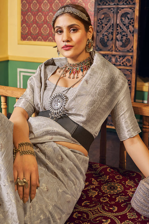 VastraLakshmi Ravishing Grey Soft Banarasi Silk Saree With Grandiose Blouse Piece