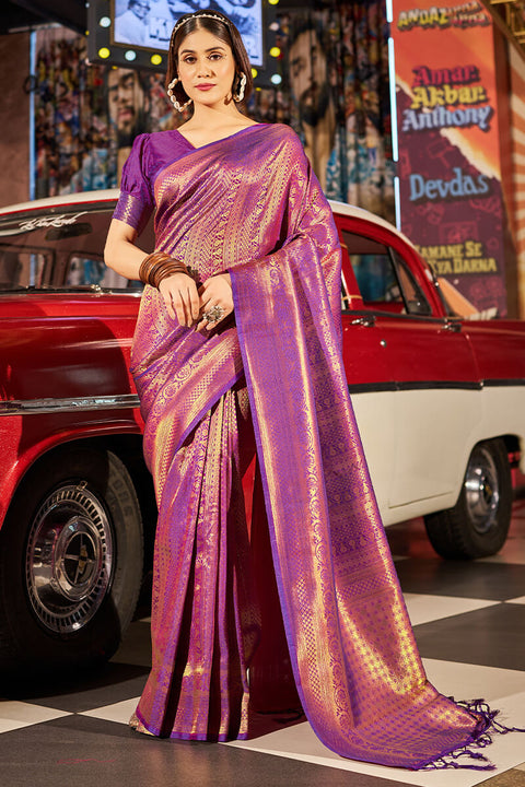 VastraLakshmi Fairytale Purple Kanjivaram Silk Saree With Assemblage Blouse Piece