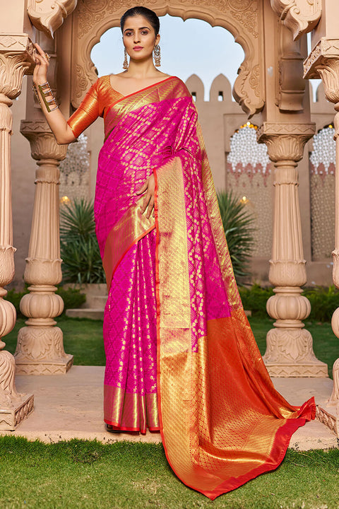 VastraLakshmi Radiant Dark Pink Patola Silk Saree with Glowing Blouse Piece