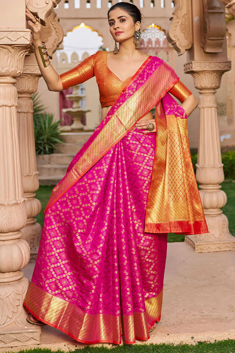 VastraLakshmi Radiant Dark Pink Patola Silk Saree with Glowing Blouse Piece