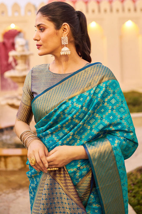 VastraLakshmi Mesmerising Firozi Patola Silk Saree with Precious Blouse Piece