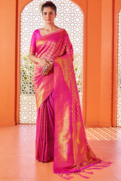 VastraLakshmi Blissful Dark Pink Kanjivaram Silk Saree With Fancifull Blouse Piece