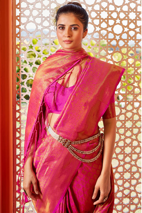 VastraLakshmi Blissful Dark Pink Kanjivaram Silk Saree With Fancifull Blouse Piece