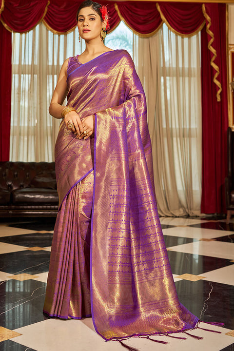 VastraLakshmi Enticing Purple Kanjivaram Silk Saree With Beleaguer Blouse Piece