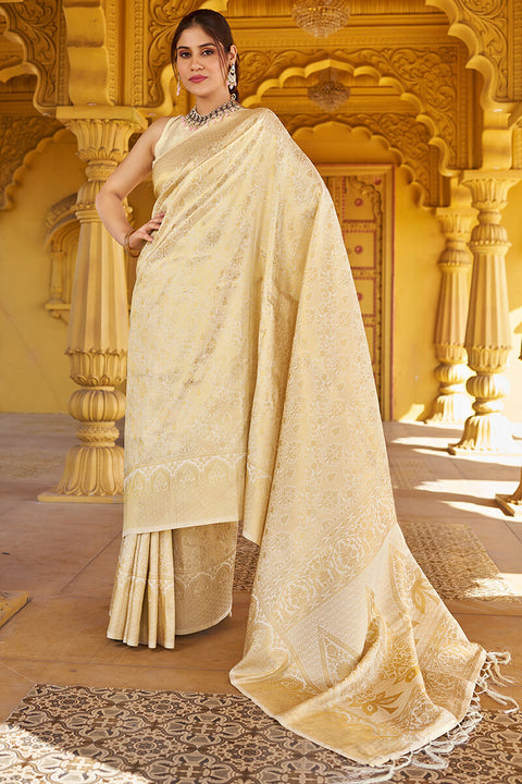 VastraLakshmi Skinny Beige Kanjivaram Silk Saree With Beautiful  Blouse Piece