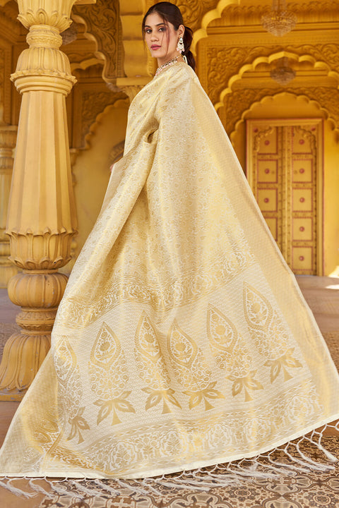 VastraLakshmi Skinny Beige Kanjivaram Silk Saree With Beautiful  Blouse Piece