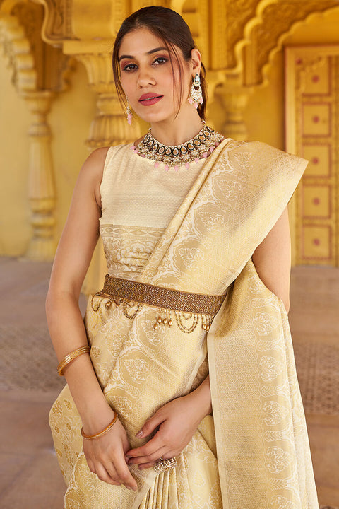 VastraLakshmi Skinny Beige Kanjivaram Silk Saree With Beautiful  Blouse Piece