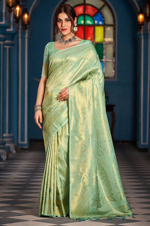 VastraLakshmi Inspiring Pista Kanjivaram Silk Saree With Traditional Blouse Piece