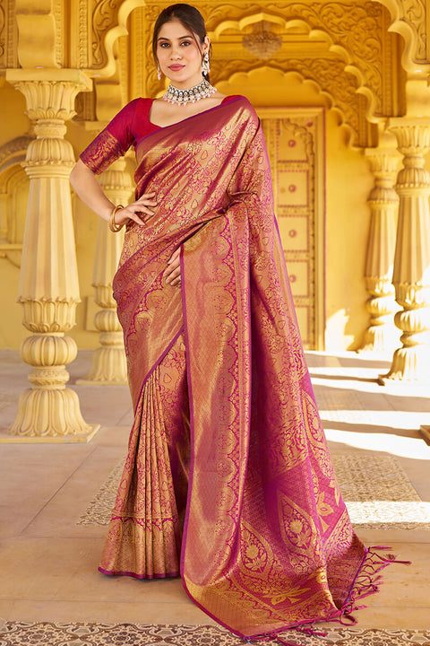 VastraLakshmi Beleaguer Purple Kanjivaram Silk Saree With Embrocation Blouse Piece