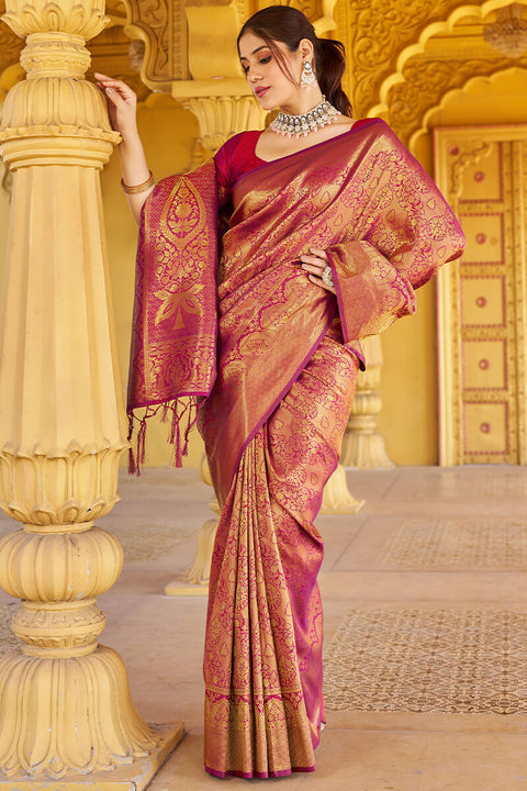 VastraLakshmi Beleaguer Purple Kanjivaram Silk Saree With Embrocation Blouse Piece