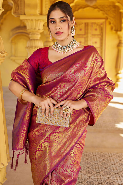 VastraLakshmi Beleaguer Purple Kanjivaram Silk Saree With Embrocation Blouse Piece