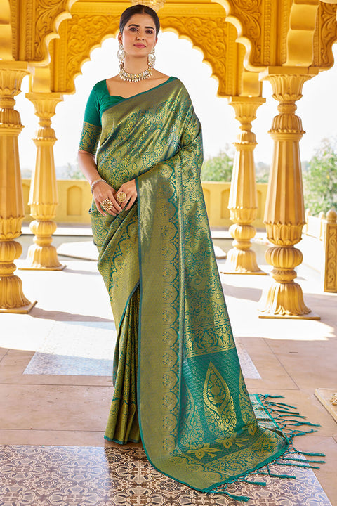 VastraLakshmi Sumptuous Rama Kanjivaram Silk Saree With Splendorous Blouse Piece