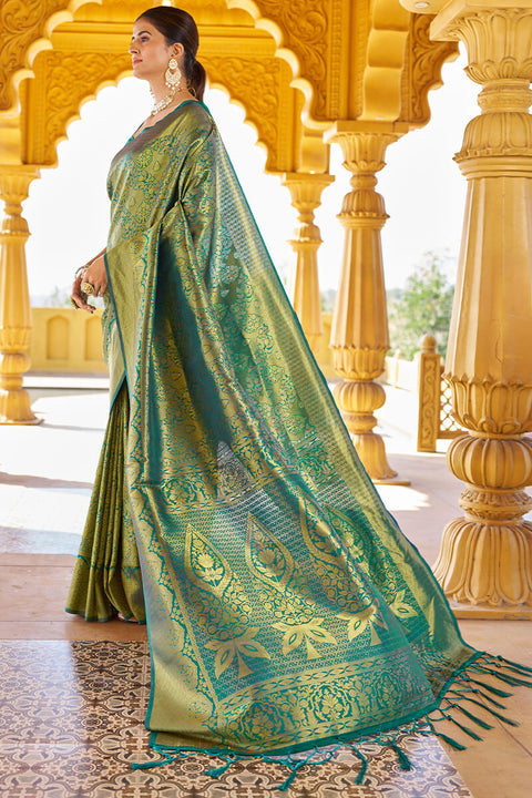 VastraLakshmi Sumptuous Rama Kanjivaram Silk Saree With Splendorous Blouse Piece