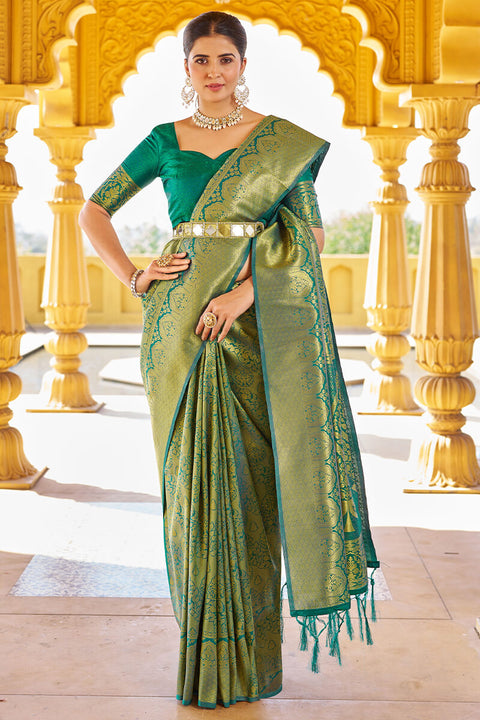 VastraLakshmi Sumptuous Rama Kanjivaram Silk Saree With Splendorous Blouse Piece