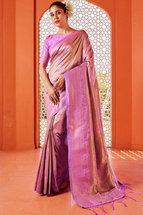 VastraLakshmi Glowing Pink Kanjivaram Silk Saree With Alluring Blouse Piece