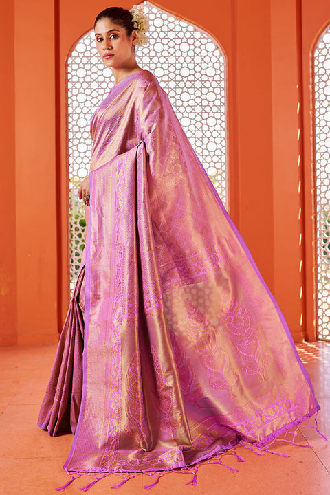 VastraLakshmi Glowing Pink Kanjivaram Silk Saree With Alluring Blouse Piece