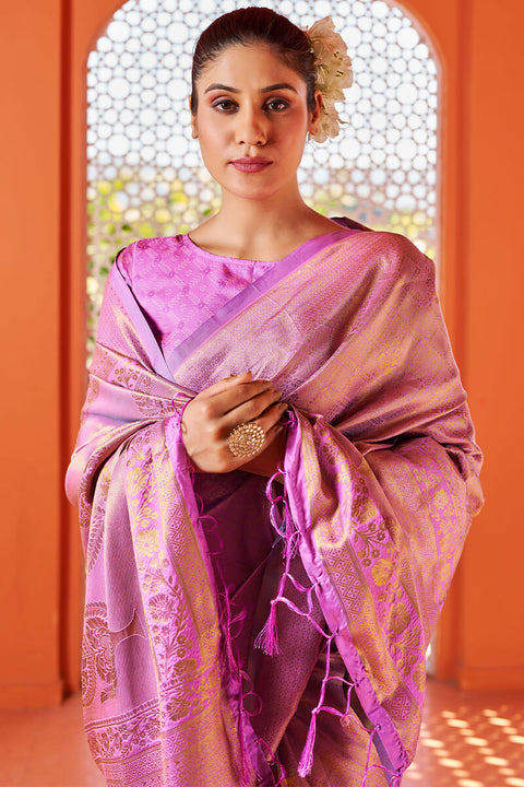 VastraLakshmi Glowing Pink Kanjivaram Silk Saree With Alluring Blouse Piece