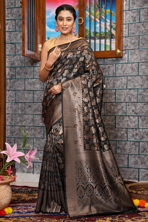 VastraLakshmi Imbrication Black Kanjivaram Silk Saree With Fantabulous Blouse Piece