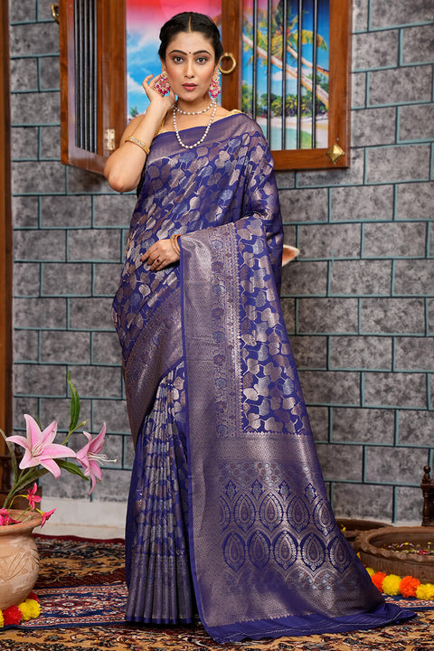 VastraLakshmi Seraglio Navy Blue Kanjivaram Silk Saree With Imaginative Blouse Piece