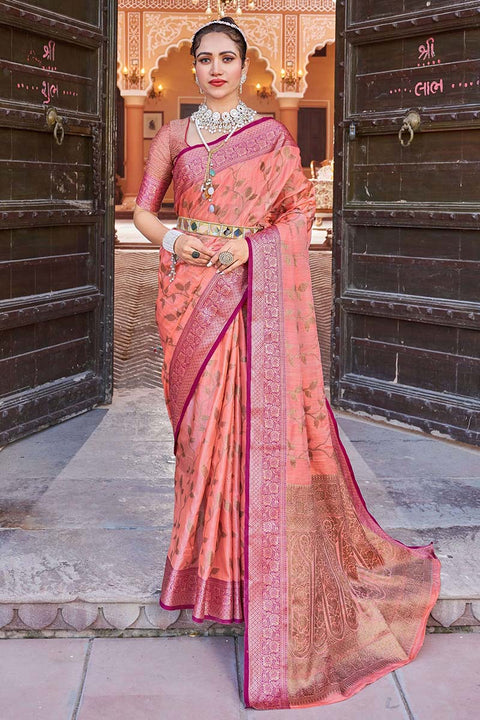 VastraLakshmi Opulent Peach Soft Banarasi Silk Saree With Flamboyant Blouse Piece