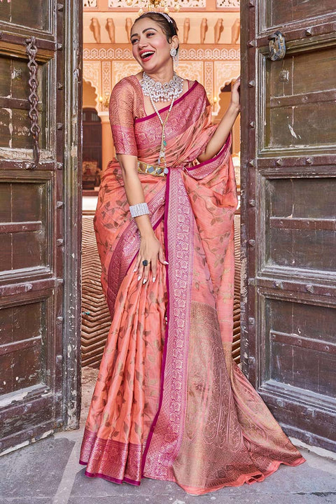 VastraLakshmi Opulent Peach Soft Banarasi Silk Saree With Flamboyant Blouse Piece